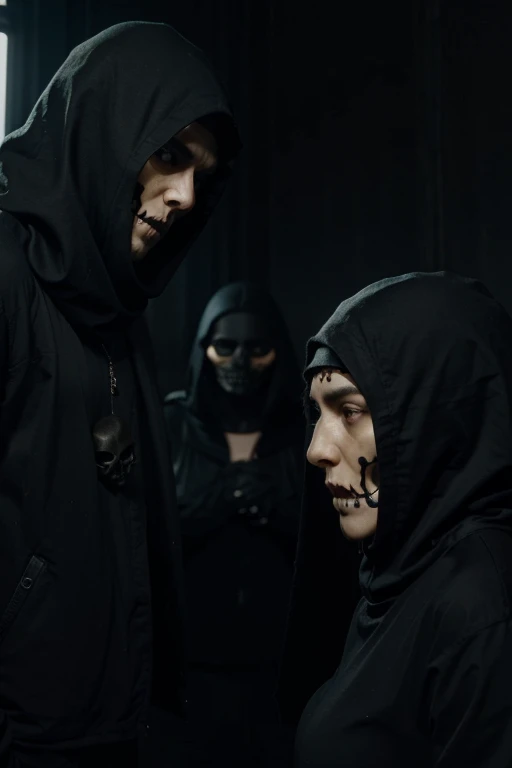ultra realistic meeting of several people with appearances of skulls with black covers over their bodies