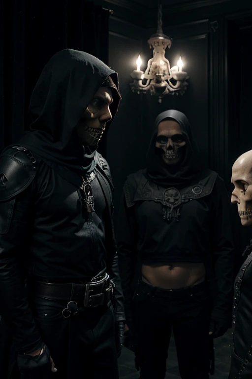 ultra realistic meeting of several people with appearances of skulls with black covers over their bodies