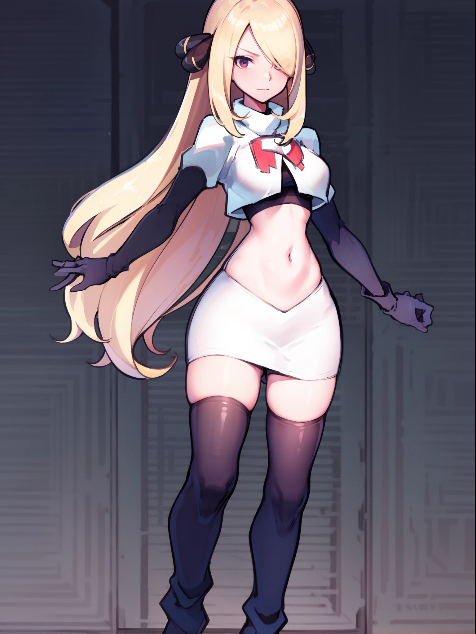 (best quality) BREAK cynthia \(pokemon\),team rocket,team rocket uniform,white skirt,crop top,black thigh-high boots,black elbow gloves,