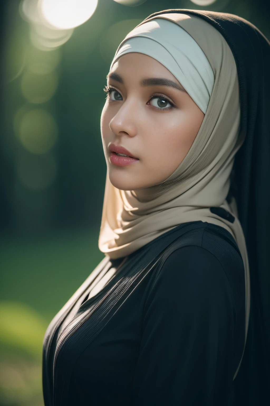 forest, highslit, javanese, (((hijabi))), cleavage, reflection light, chiaroscuro, depth of field, cinematic lighting, ray tracing, Sony FE GM, UHD, super detail, masterpiece, textured skin, high details, best quality, award winning，3D,hdr（HighDynamicRange）,Ray tracing,NVIDIA RTX,Hyper-Resolution,Unreal 5,Subsurface scattering、PBR Texture、post-proces、Anisotropy Filtering、depth of fields、maximum definition and sharpness、Many-Layer Textures、Albedo e mapas Speculares、Surface coloring、Accurate simulation octane rendering of light-material interactions、Two-colored light、largeaperture、Low ISO、White balance、the rule of thirds、8K raw data