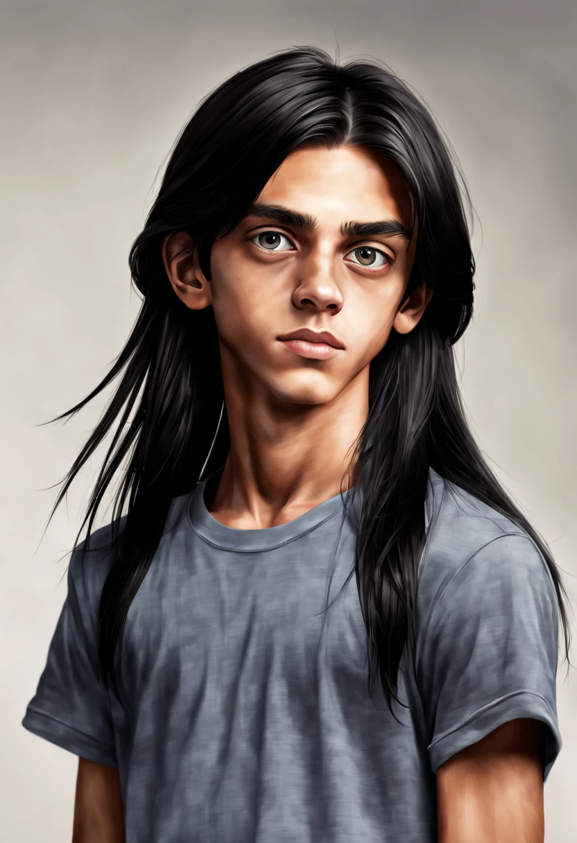 very slim teenage boy, thin face, big eyes, tanned skin, long straight black hair, photorealistic, realistic