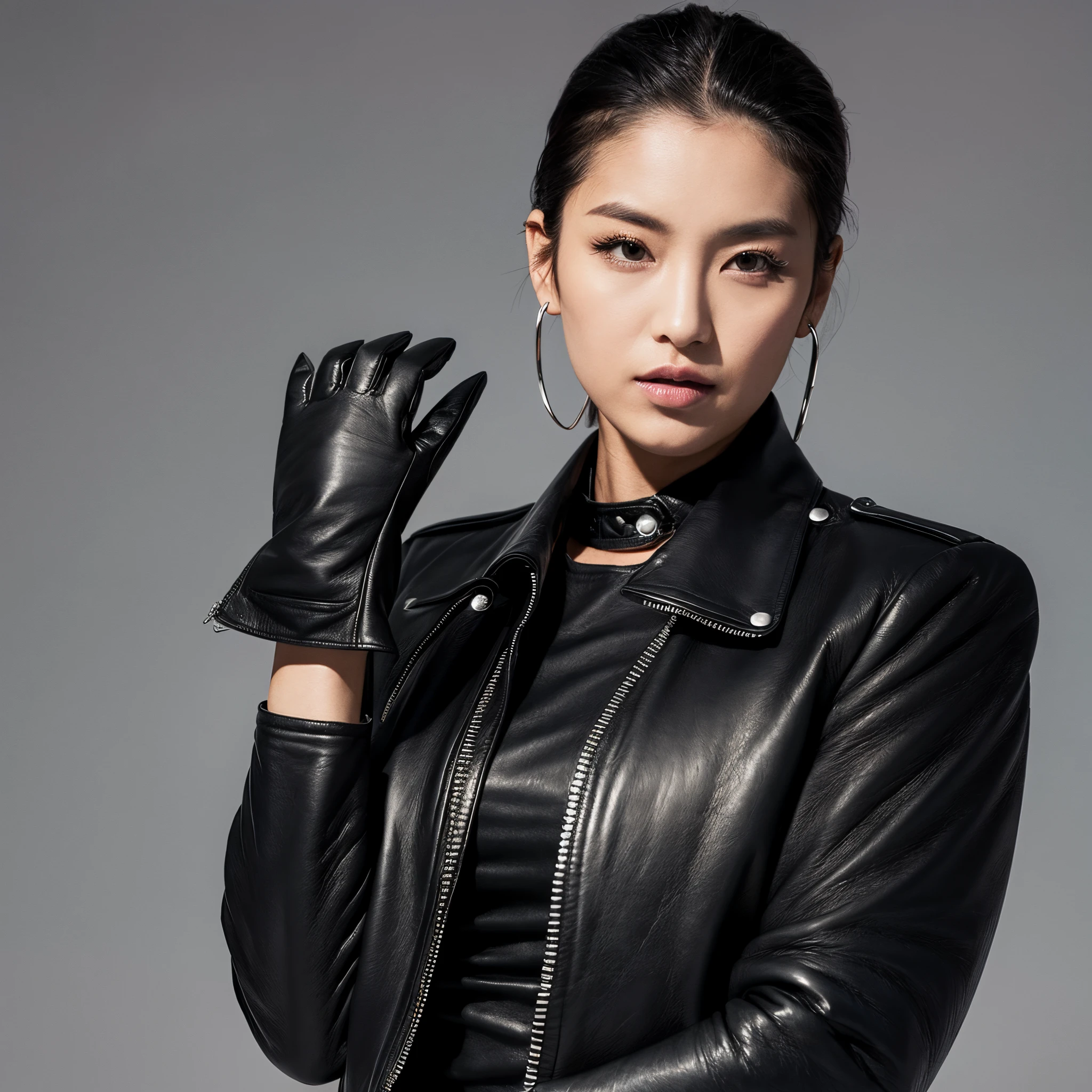 A mysterious woman wearing black leather gloves and a black leather rider&#39;s jacket.