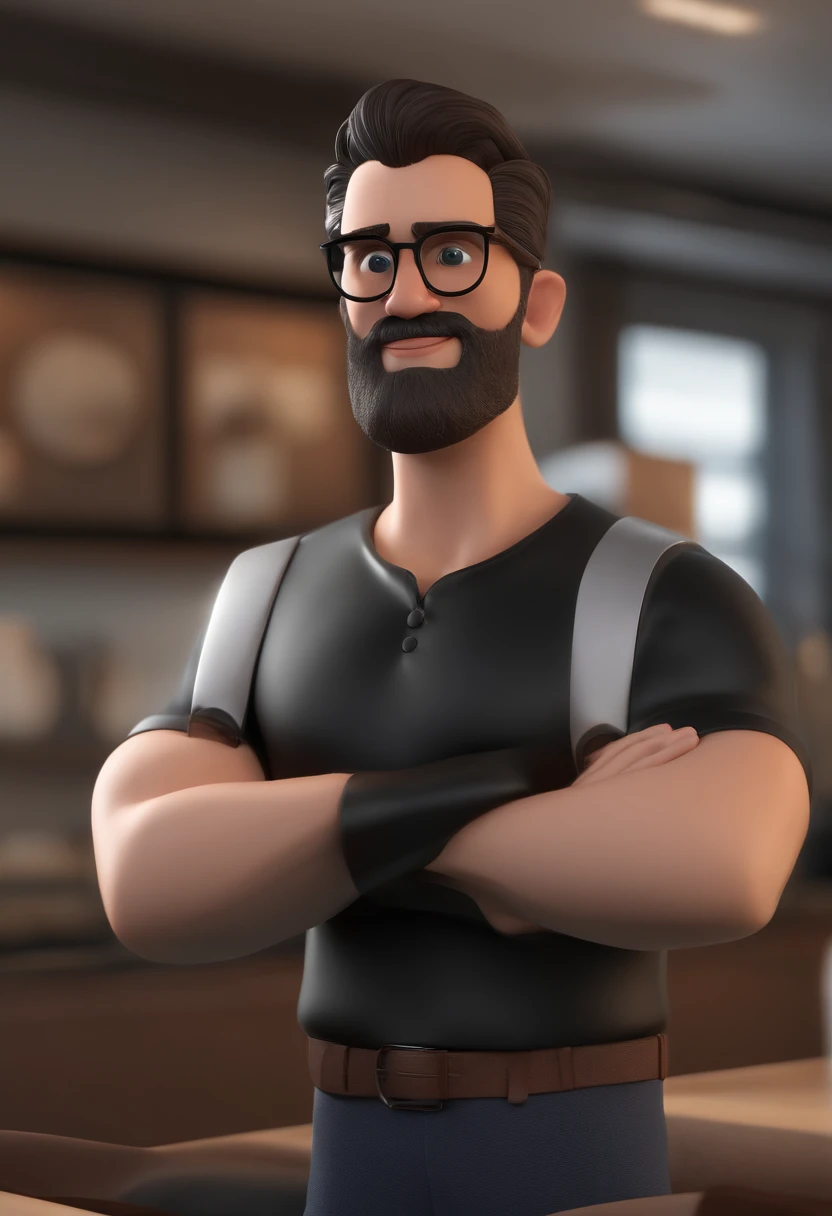 Personagem de desenho animado de um homem magro, de 40 anos, goatee style medium beard,  Wearing black glasses and a black shirt, um personagem animado, Caractere estilizado, animation style rendering, 3D estilizado, Arnold Maya render, 3 d render stylized, toon render keyshot, Personagem 3D, Personagem 3D, 3d rendering stylized, 3 d character render, personagem de desenho animado, Personagem de close up, Pose de personagem, (Estilo Pixar) (master part:1.2) (Bokeh) (best quality) (pele detalhada) (textura detalhada) (8k) (argila) (Cinematic lighting) (foco nítido，Senta e vaza a parte superior do corpo