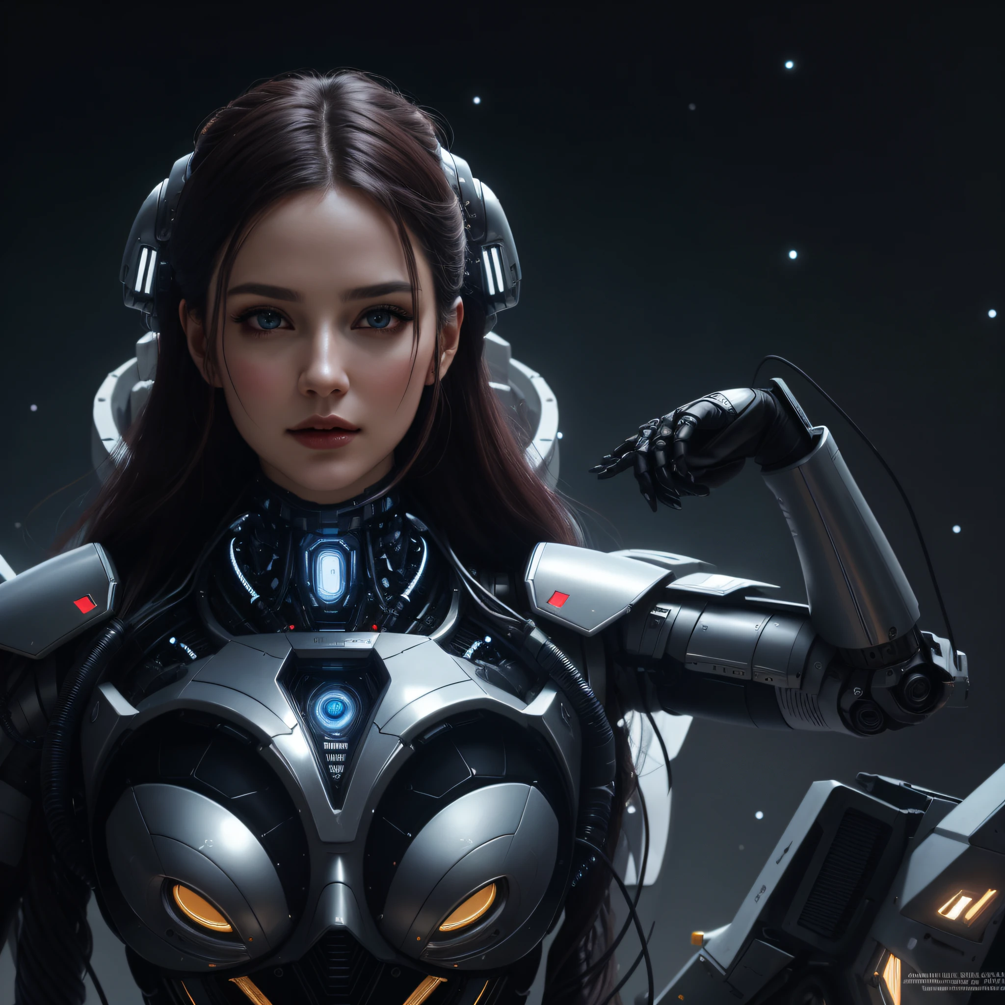 ((Space, galactic background)). complex 3d render ultra detailed of a beautiful porcelain profile woman android face, cyborg, robotic parts, 150 mm, beautiful studio soft light, rim light, vibrant details, luxurious cyberpunk, lace, hyperrealistic, anatomical, facial muscles, cable electric wires, microchip, elegant, beautiful background, octane render, H. R. Giger style, 8k, best quality, masterpiece, illustration, an extremely delicate and beautiful, extremely detailed ,CG ,unity ,wallpaper, (realistic, photo-realistic:1.37),Amazing, finely detail, masterpiece,best quality,official art, extremely detailed CG unity 8k wallpaper, absurdres, incredibly absurdres, robot, silver halmet, full body, sitting