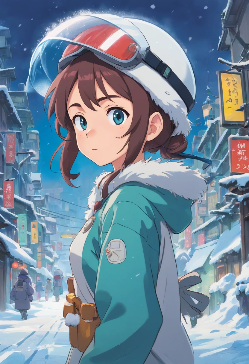 A female character amidst the chaos of a DDOS attack, her eyes concealed behind a snow-covered visor. She stands resolute in a dystopian world where pandemonium unfolds before her. This artwork combines the unique styles of cartoons and realism, portraying a character with a snow-covered visor that obscures her eyes, emphasizing the obscured vision and the world in turmoil.