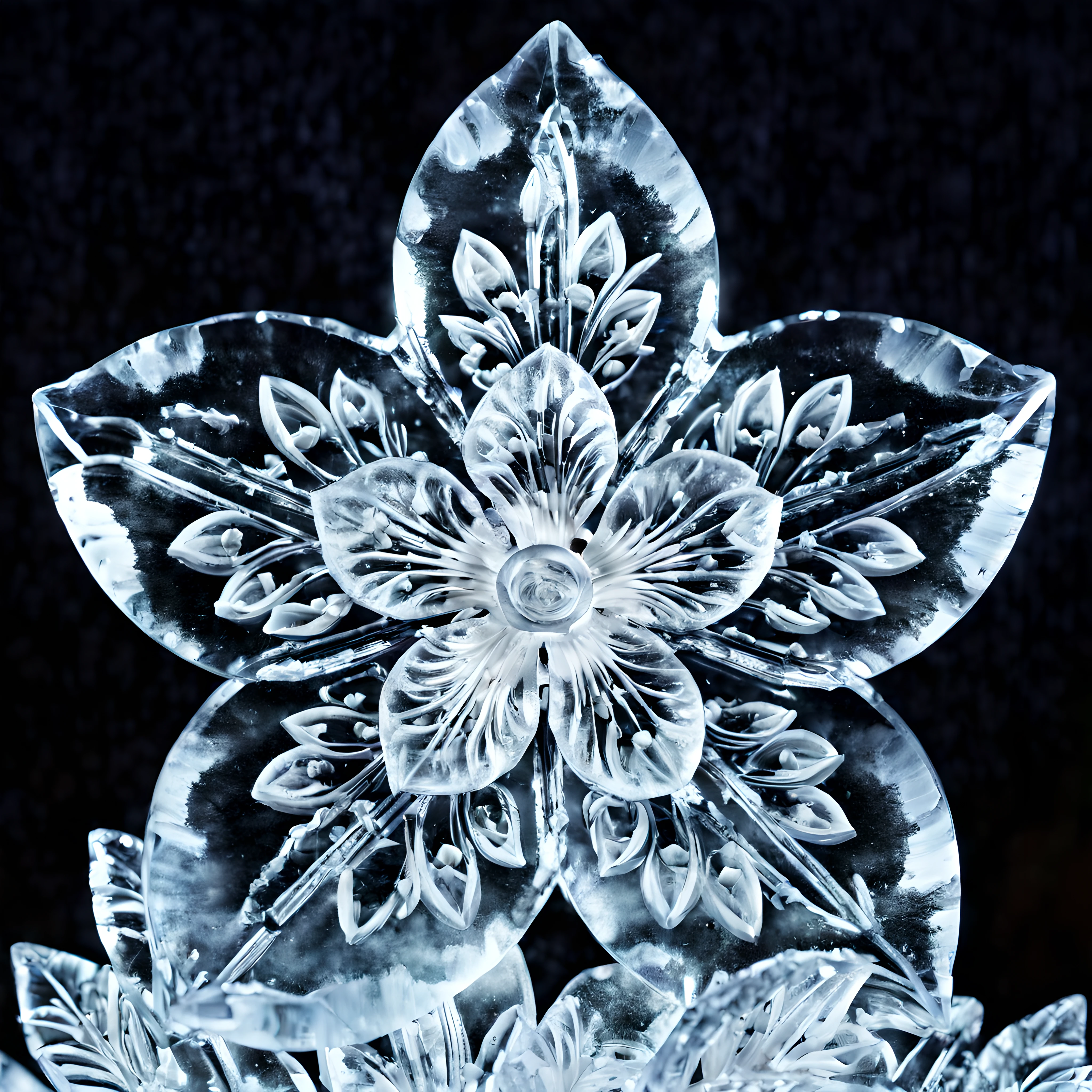 (symmetrical:1.3), (shot from above:1.3), captivating ice sculpture that showcases the exquisite elegance of a single cherry blossom flower, delicate curves and intricate details of each petal capturing the fragile beauty of the flower, touch of translucency to the ice sculpture allowing the light to pass through emulating the softness and ethereal quality, (extremely sad:2), ((((in a hand))))