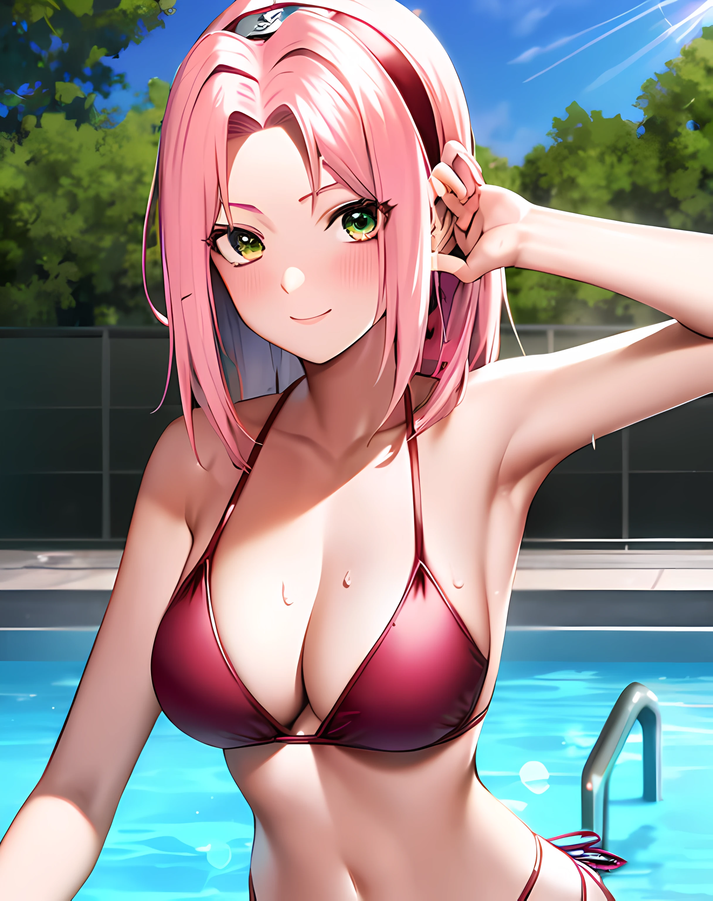 haruno sakura, naruto \(series\), naruto shippuuden, anime art style, masterpiece, 

looking at viewer, upper body, 

red bikini, forehead protector, hairband, konohagakure symbol on hairband, 

1girl, solo, bangs, breasts, eyes visible through hair, floating hair, foreshortening, green eyes, hair intakes, parted bangs, pink hair, medium breasts, v-shaped eyebrows, detailed background, outdoor, pool, sunlight, ((deep cleavage)), Hourglass body, thin waist, very thin waist, ((blushing)), smile