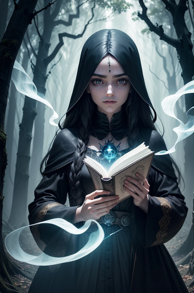 Evil wizard in a clearing in the middle of a cursed forest, Magia negra, Ancient spell book, Swirling smoke, menacing smile, Capa misteriosa, olhos brilhantes, atmosfera estranha, lightnings, castelo imponente, Noite tempestuosa, Equipe torcida, Floresta Encantada, Ominous shadows, Morcegos voadores, gargalhadas, casting spells, magical potions, covil escondido, Mystical powers, Sinister intentions, Malevolent Aura, disturbing presence, magia negra, Runas gravadas, cursed artifacts, Rituais Secretos, energia sobrenatural, Almas corrompidas, Criaturas retorcidas, conhecimento proibido, shrouded in darkness, ethereal glow, sussurros sinistros, planos nefastos, Ghostly apparitions, profecias sinistras, Enchanted victims, Evil Sorcery, supernatural forces (master part), best quality, olhos expressivos, rosto perfeito
