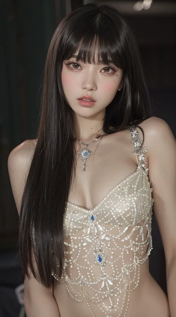 Portrait of a young saint of 20 years old, Saint with a beautiful and super cute face,Wearing a very thin and sexy sheer Ao Dai, showing her breast and vagina, Beautiful cute face, There is a deep slit in the chest、Black and white lace trim attractive sheer Ao Dai, Beautiful face without blemish, Lovely smile, ((7 colors of hair length:1.2)), Big Crown, Hair brooch, sheer Hamf Dress, Chinese ancient style, Full Body Jewelry, The female saint's chest is round、It's so full,small breast, Innocent face, The most beautiful and detailed pale lipstick, ((thin plump lips:0.3)), Delicate pink and white eyes (White and detailed) Cinematic, Light and Darkness, Dramatic Lighting, magical light, Highly detailed light, True Color, Super sharp, Realistic, The 8k quality, Fantasy universe background, Saints and magical spaces, The most detailed image, Solo, saints
