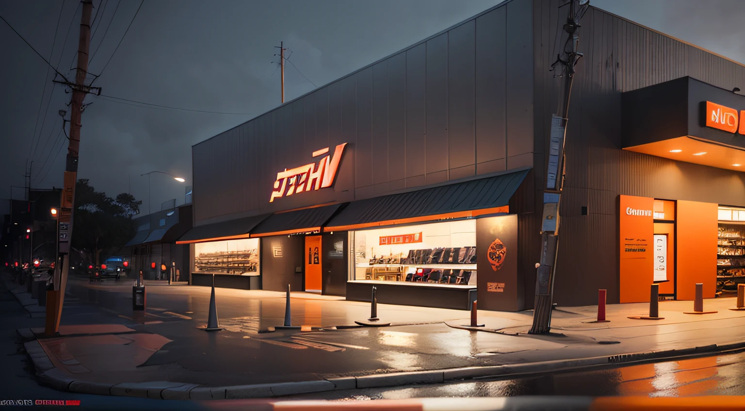 (masterpiece),(high quality), creative storefront, concrete and black details, aargsitemap, aargdetailmap, new architecture, (brazilian), (1 foor store), low saturation, minimalist, concrete and shiny metal, urban, fog, mist, fujifilm, photorealistic, details, texture