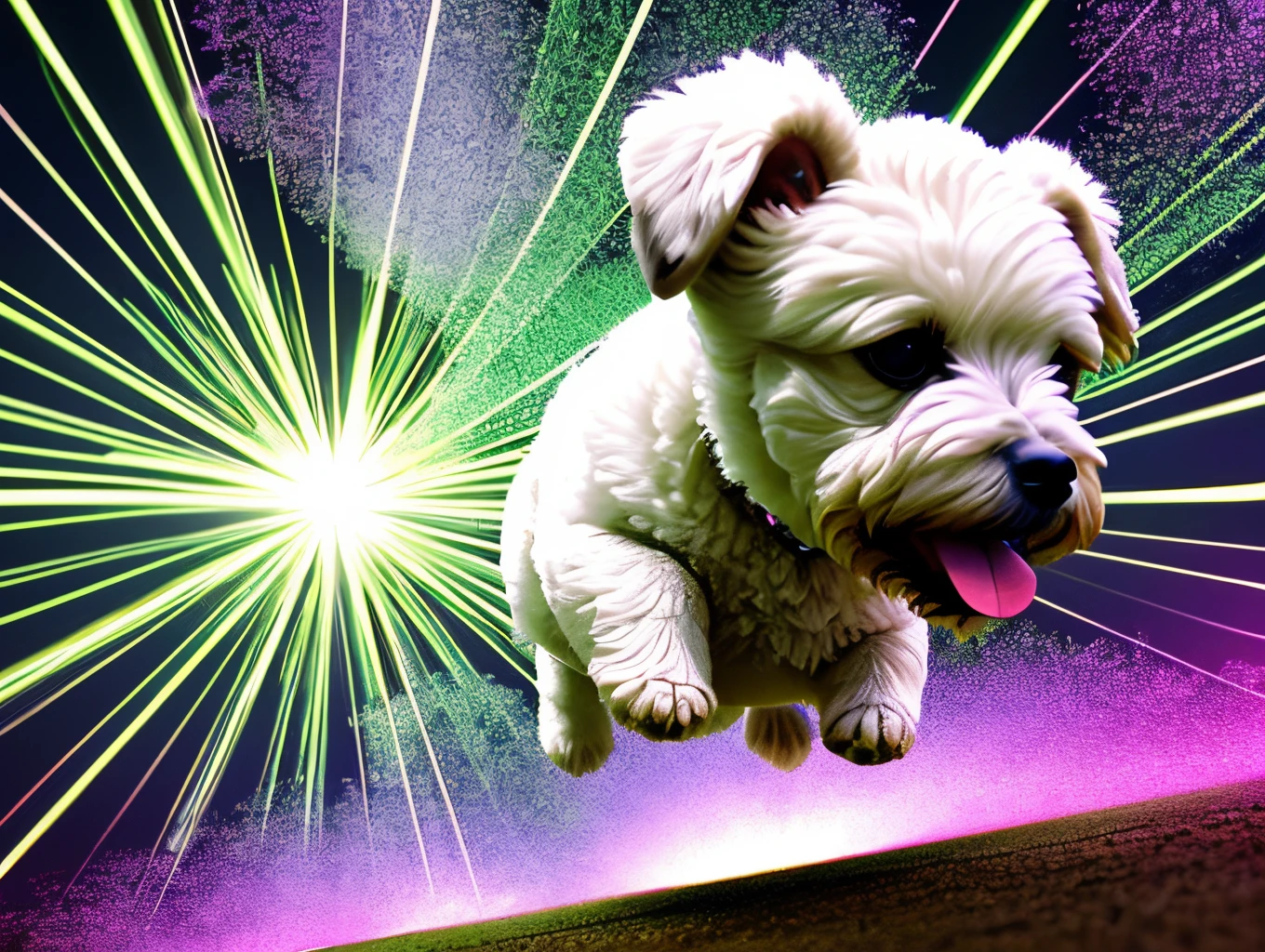 Extreme low angle shot of tiny white toy poodle jumping high in the sky, surrounded by exploding colour bombs of green and white, light in the scene giving a green and white colour, cinematic lighting, artgerm style, 32k, ultra HD, unreal engine rendered, photorealistic image, —ar 9:16 --auto --s2