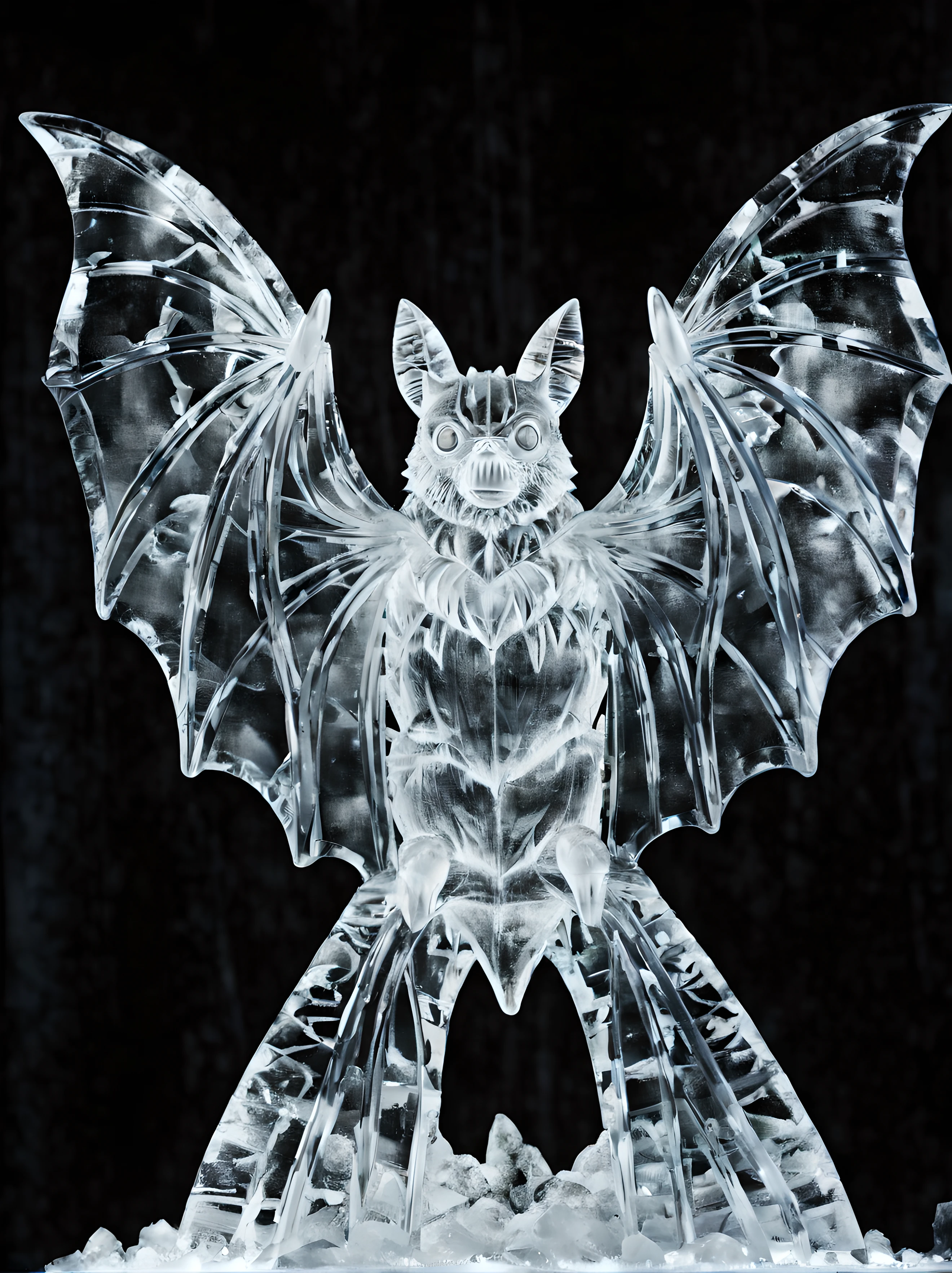 (symmetrical:1.3),enchanting ice sculpture of a majestic bat, graceful wingspan and intricate details highlighting its mysterious nature, utilize the translucency of the ice to add an ethereal touch allowing the light to shine through and illuminate the sculpture from within, (((dark atmosphere))) (extremely sad:2)