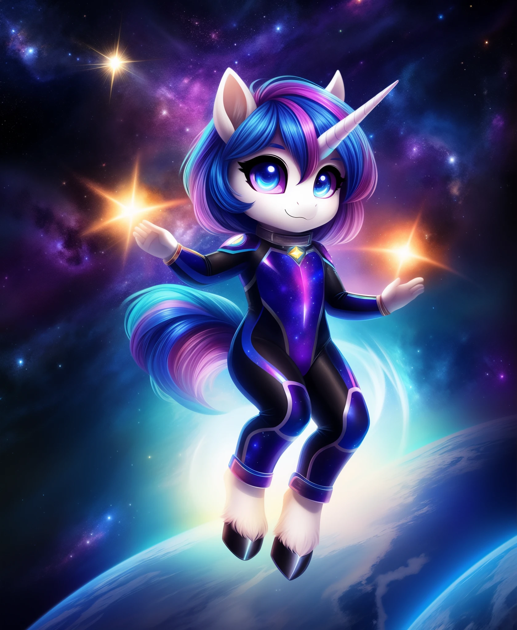 anthro, furry, 1girl, unicorn girl, horse nostrils, pony face, horn, holographic hair, white fur, hooves, tail, space eyes, galaxy eyes, (outer space, black skinsuit, galaxy), floating, flying pose, (shiny), cute, dreamy, colorful, full background, perfect hands, stars, glitter, scenery, (shiny:1.2), various colors, (gradients), focus face,Cosmic Eyes,chibi