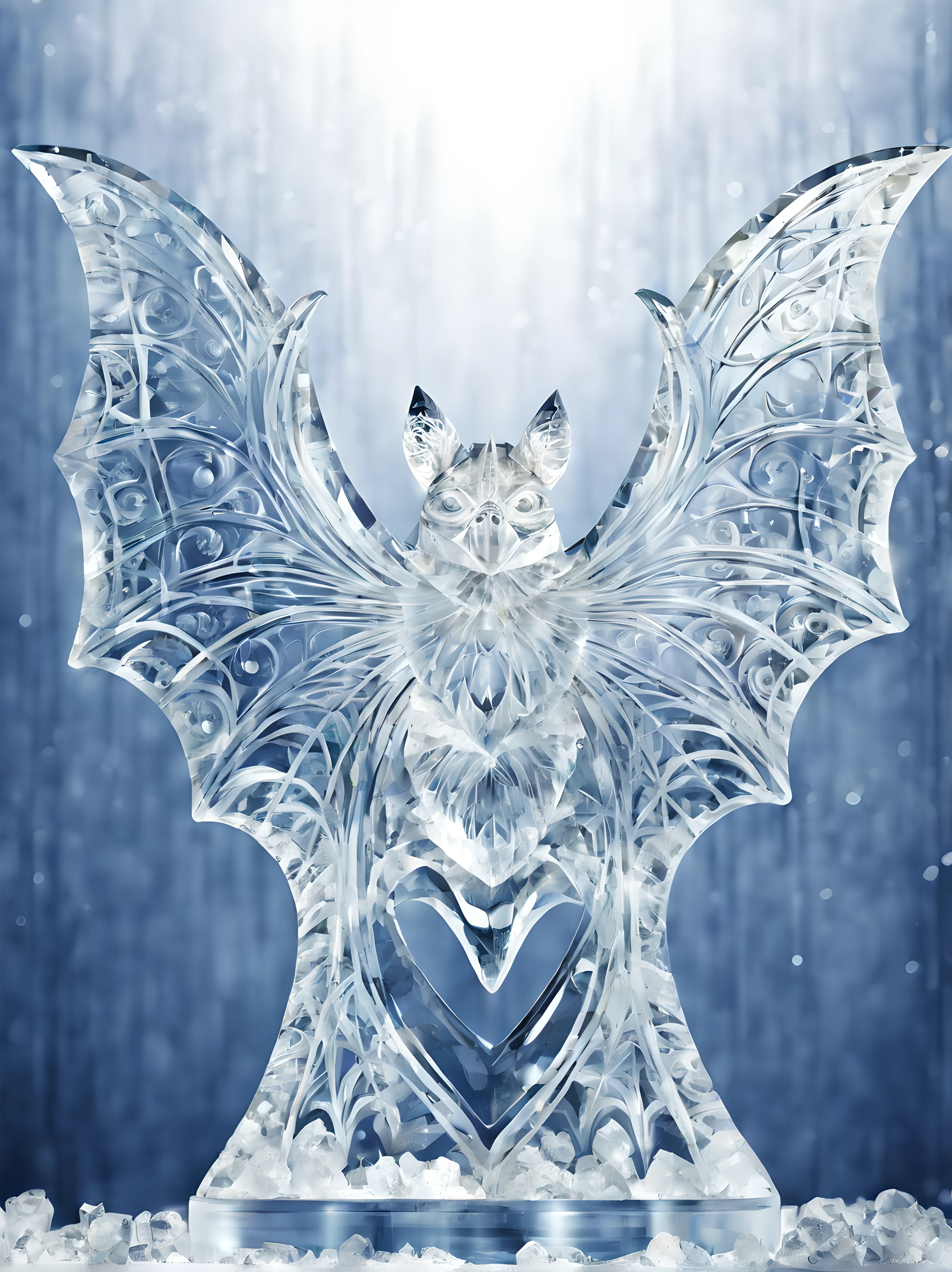 (symmetrical:1.3),enchanting ice sculpture of a majestic bat, graceful wingspan and intricate details highlighting its mysterious nature, utilize the translucency of the ice to add an ethereal touch allowing the light to shine through and illuminate the sculpture from within, (((((vector art abstract design))))) (extremely sad:2)
