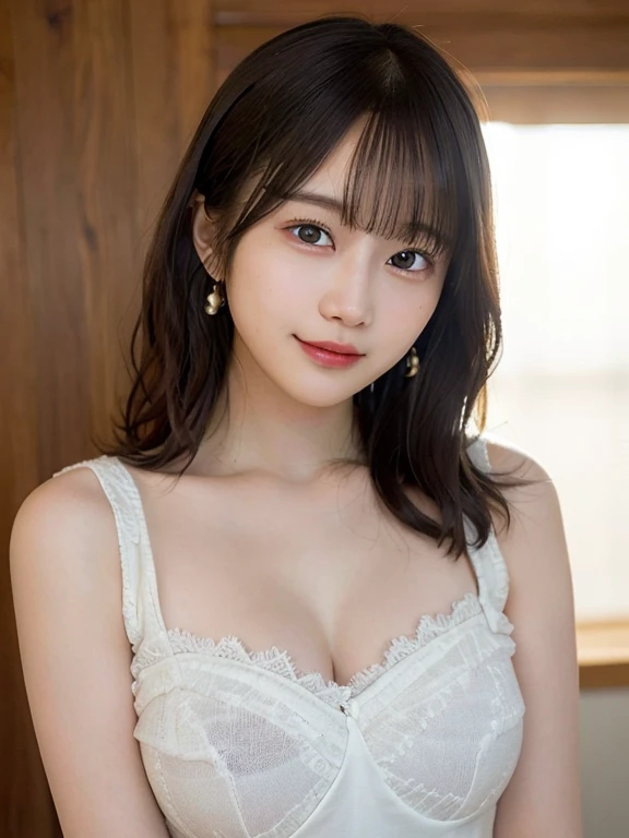 portrait of a japanese teen,(Best Quality,4K,8K,hight resolution,masutepiece:1.2),Ultra-detailed,(Realistic,Photorealistic,Photorealsitic:1.37),cute-style,Dribbling High Detail 8K,Studio Lighting - V 6, Naked, black sheer clothes,bra very, Big piercings,Random Faces, Random curly hair, bangss, bare-legged,A slight smil