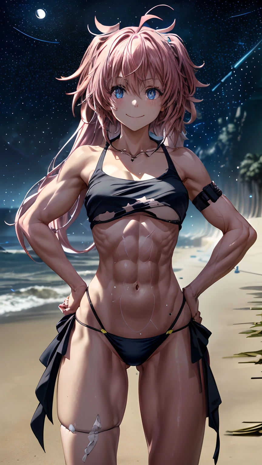 (female)), (very messy hair), (happy smile), dams, ((ripped abdomen)), toned arms and legs, medium to large breasts, excessive sweating, (((on the beach at night with starry sky and moon full in the sky))), (((bright blue eyes))), barefoot, standing,(((hands on hips looking at me))), ((wearing only a thong)), Double tail, hair pink, bright hair, long hair, reflection in eyes, glowing eyes, anime, anime style, cinematic lighting, motion blur, glare, JPEG artifacts, glowing light, divine rays, ray tracing, reflection light, backlight, drop shadow, panorama, Sony FE, hard drive, masterpiece, accurate, anatomically correct, best quality, Super Detail, high, hard drive, 16k