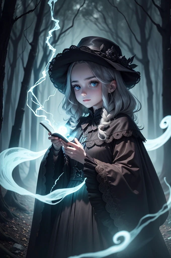 evil skelleton in a clearing in the middle of a cursed forest, Magia negra, Ancient spell book, Swirling smoke, menacing smile, Capa misteriosa, olhos brilhantes, atmosfera estranha, lightnings, castelo imponente, Noite tempestuosa, Equipe torcida, Floresta Encantada, Ominous shadows, Morcegos voadores, gargalhadas, casting spells, magical potions, covil escondido, Mystical powers, Sinister intentions, Malevolent Aura, disturbing presence, magia negra, Runas gravadas, cursed artifacts, Rituais Secretos, energia sobrenatural, Almas corrompidas, Criaturas retorcidas, conhecimento proibido, shrouded in darkness, ethereal glow, sussurros sinistros, planos nefastos, Ghostly apparitions, profecias sinistras, Enchanted victims, Evil Sorcery, supernatural forces (master part), melhor qualidade, olhos expressivos, rosto perfeito