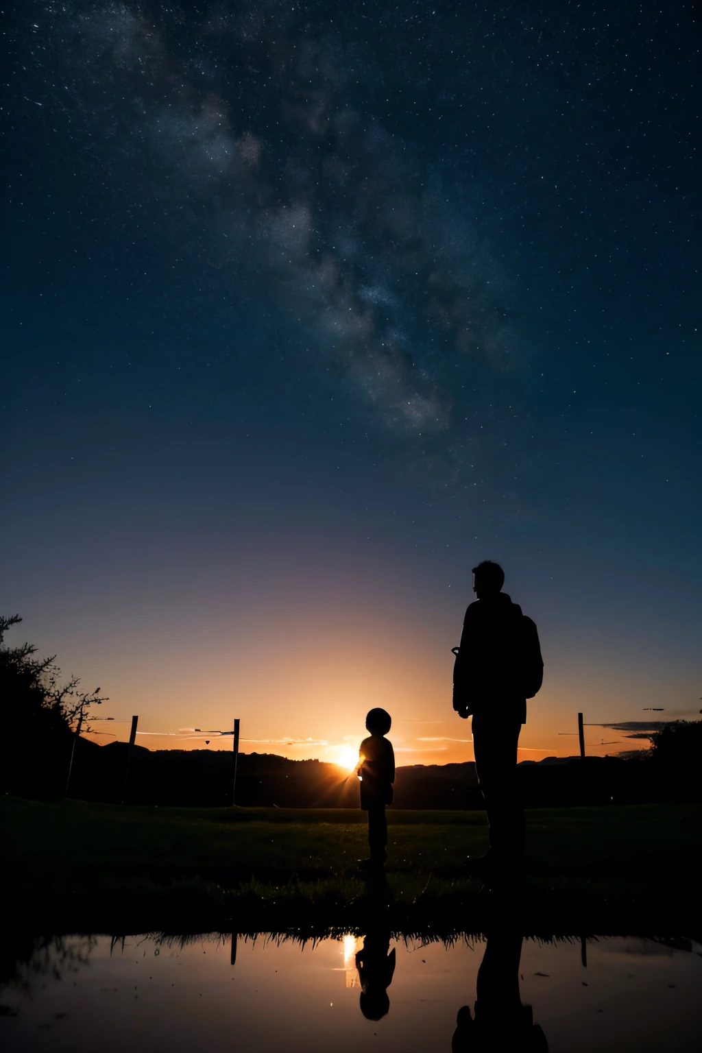 The silhouette of father and son holding hands clears the sky from thousands of miles away,Pastoral path and stream