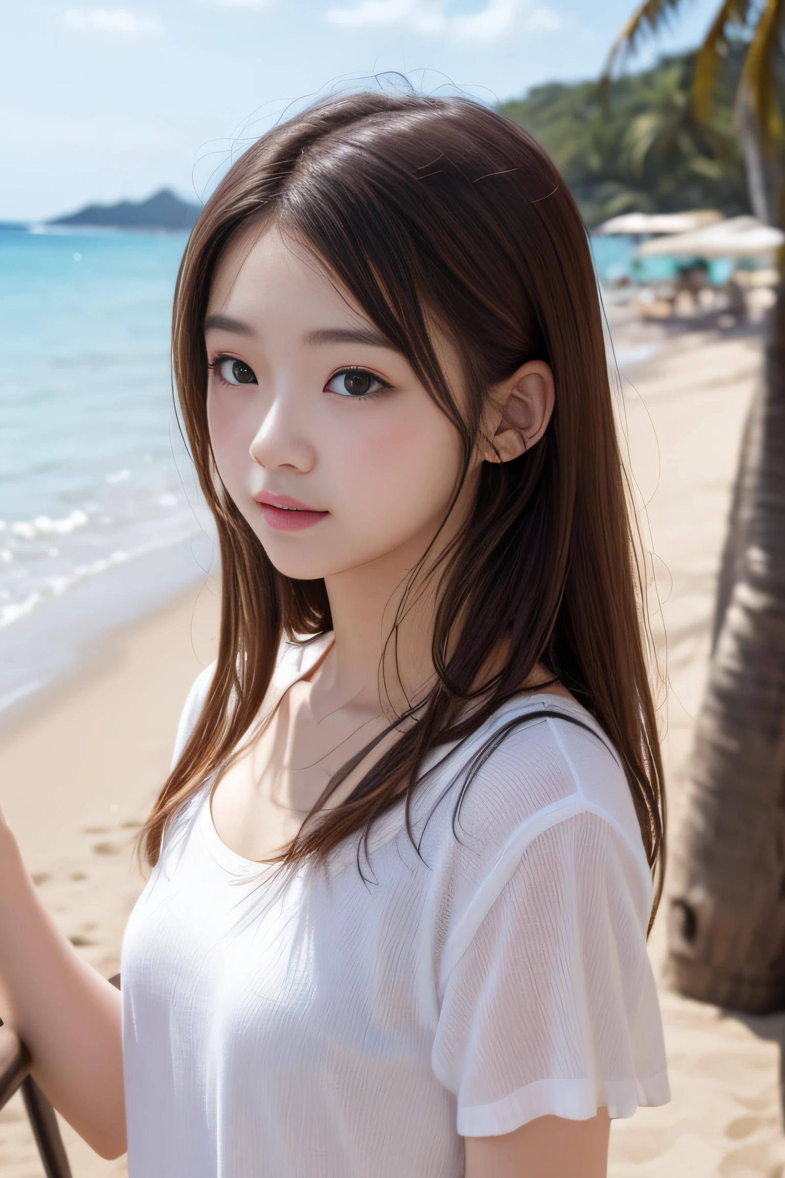 Mare、the beach、Young shiny shiny white shiny skin、Best Looks、shiny light hair、a small face、cute 18yo girl