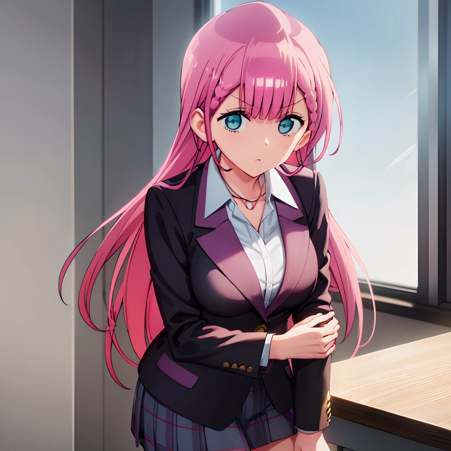 1 girl, alone, mafuyu kirisu, blue eyes, braid, long hair, twin braids, pink hair, BREAK long sleeve, purple skirt, shirt, skirt, suit jacket, white shirt, blazer, REST looking at the viewer, REST inside, in the classroom, BREAK, (masterpiece: 1.2), best quality, high resolution, Unity 8k wallpaper, extremely detailed face, perfect lighting, extremely detailed CG (perfect hands, perfect anatomy), large breasts, medium hips, wide thighs