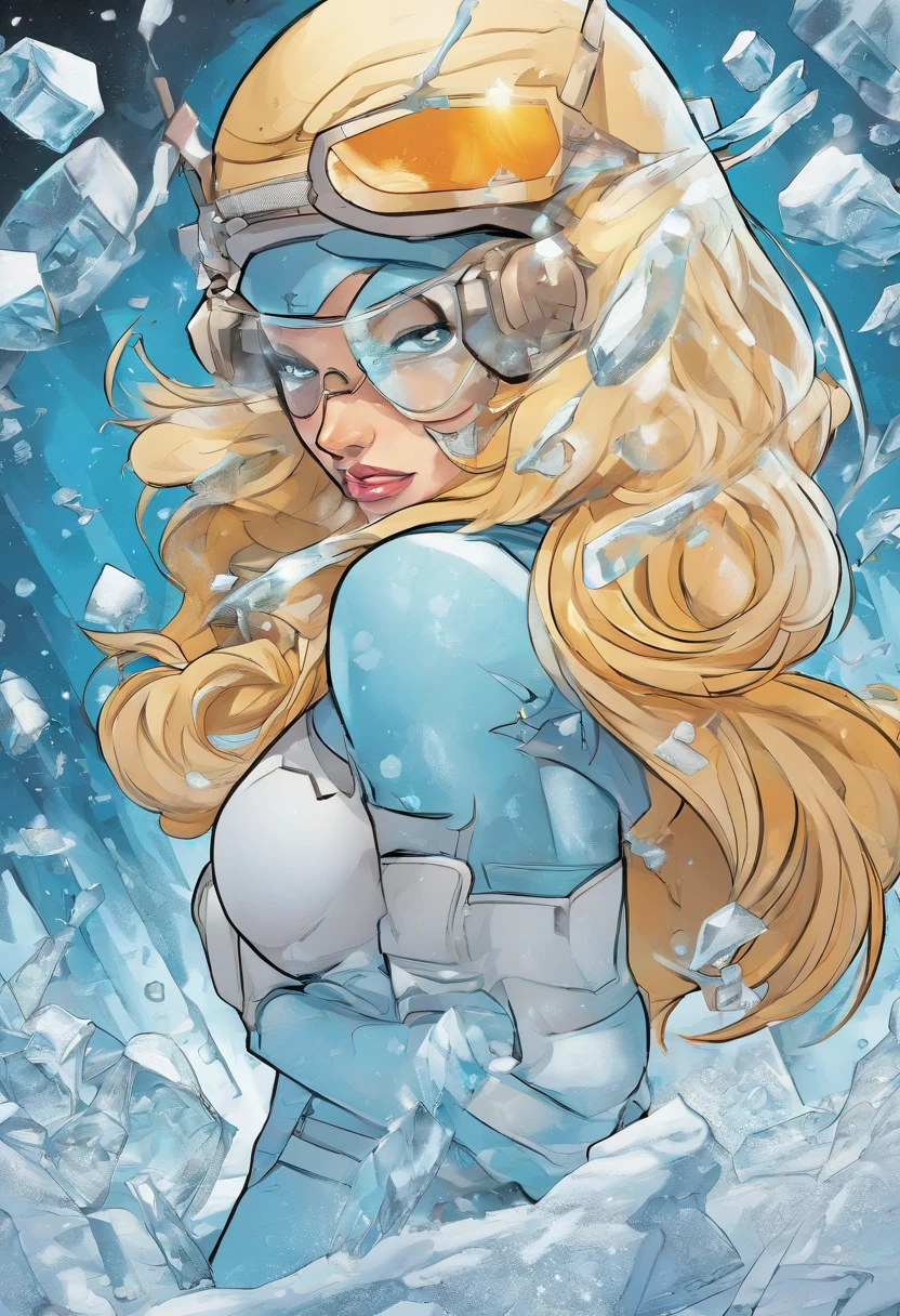 (((Ice sculpture))) A female character amidst the chaos of a DDOS attack, her eyes concealed behind a snow-covered visor. She stands resolute in a dystopian world where pandemonium unfolds before her. This artwork combines the unique styles of cartoons and realism, portraying a character with a snow-covered visor that obscures her eyes, emphasizing the obscured vision and the world in turmoil.