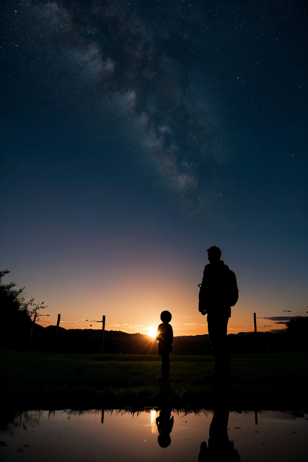 The silhouette of father and son holding hands clears the sky from thousands of miles away,Pastoral path and stream