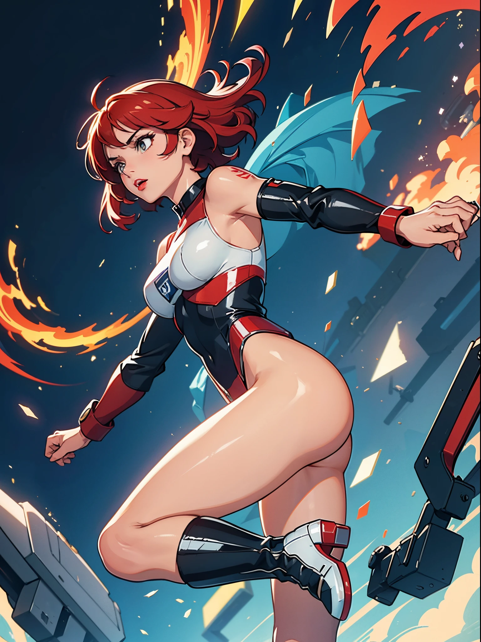 Solo, (Police Uniform, Policewoman), leotard, bare legs, superhero, boots, Lips Apart, Red Lips, Shiny Skin, Skin Dents, Best Quality, Ultra High Resolution, Red hair, Bob hair, short hair, standing, perfect anatomy, perfect hands, BREAK, spinning like a tornado, spread arms