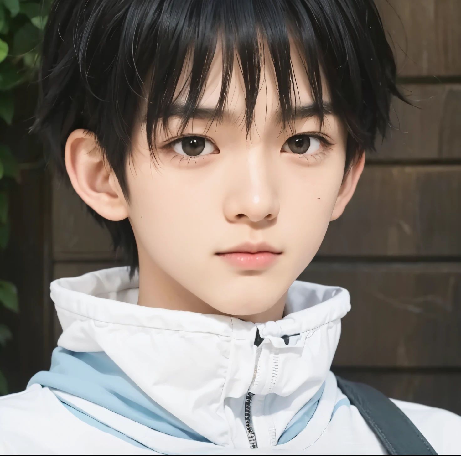 A boy with realistic black hair, exactly the same hairstyle, realistic Japanese handsome face, realistic cool expression, adapt exact clothing, realistic light, realistic shadows, realistic background