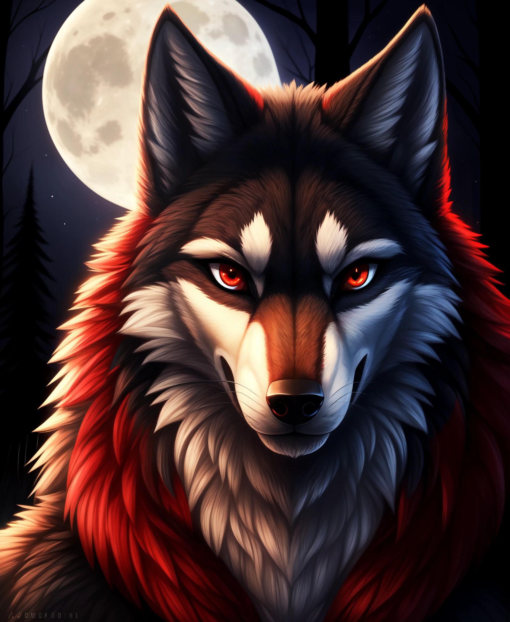 a fierce dark wolf with red eyes, magic, forest, fantastic, night sky, moon, stars, background, (simple oil painting in a style to Bill Sienkiewicz)
