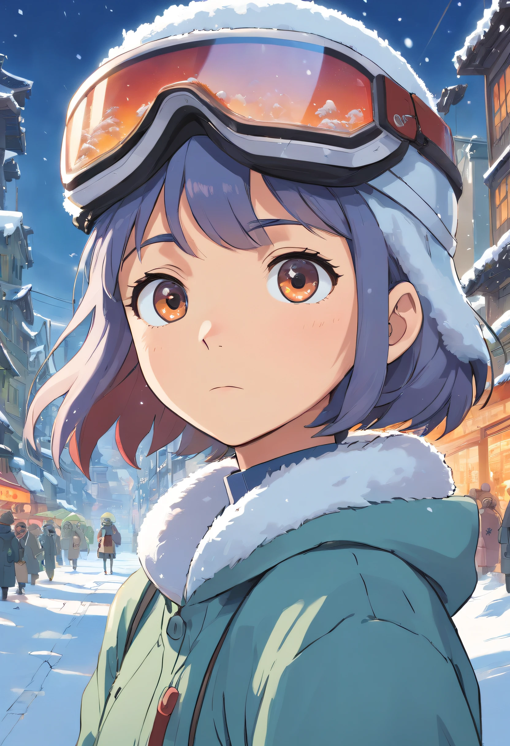 A female character amidst the chaos of a DDOS attack, her eyes concealed behind a snow-covered visor. She stands resolute in a dystopian world where pandemonium unfolds before her. This artwork combines the unique styles of cartoons and realism, portraying a character with a snow-covered visor that obscures her eyes, emphasizing the obscured vision and the world in turmoil.