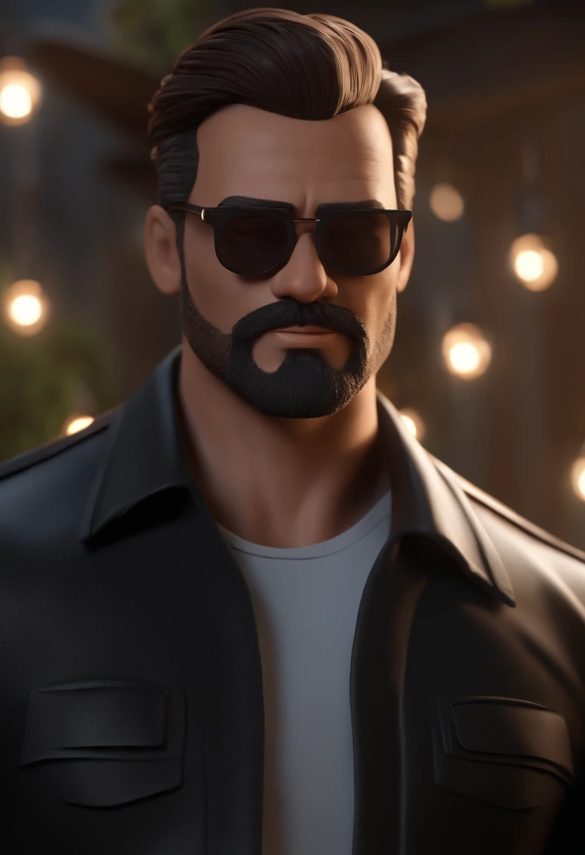 Personagem de desenho animado de um homem magro, de 40 anos, goatee style medium beard,  com um pouco de rugas no rosto, cabelo cacheado, Wearing black glasses and a black shirt, um personagem animado, Caractere estilizado, animation style rendering, 3D estilizado, Arnold Maya render, 3 d render stylized, toon render keyshot, Personagem 3D, Personagem 3D, 3d rendering stylized, 3 d character render, personagem de desenho animado, Personagem de close up, Pose de personagem, (Estilo Pixar) (master part:1.2) (Bokeh) (best quality) (pele detalhada) (textura detalhada) (8k) (argila) (Cinematic lighting)