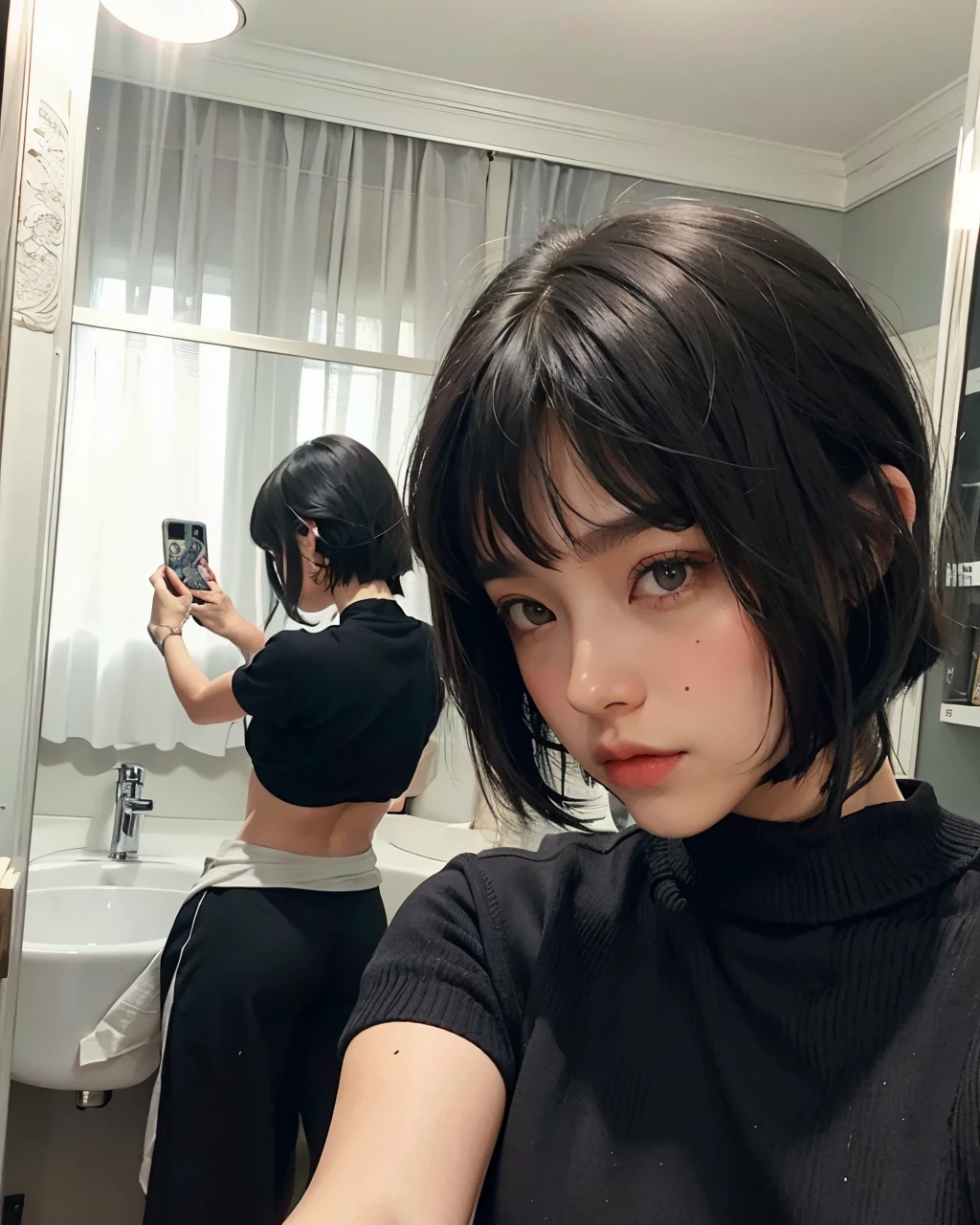 there is a woman taking a picture of herself in the mirror, con pelo corto con flequillo, Ella tiene el pelo negro con flequillo, Pelo negro corto con flequillo, cabello blackbangs cabello, con el pelo corto, french bob hair, Cabello negro bob, Cabello negro cortado bob, con flequillo, flequillo negro, pelo corto negro, con flequillo completo, cabello negro y flequillo blanco