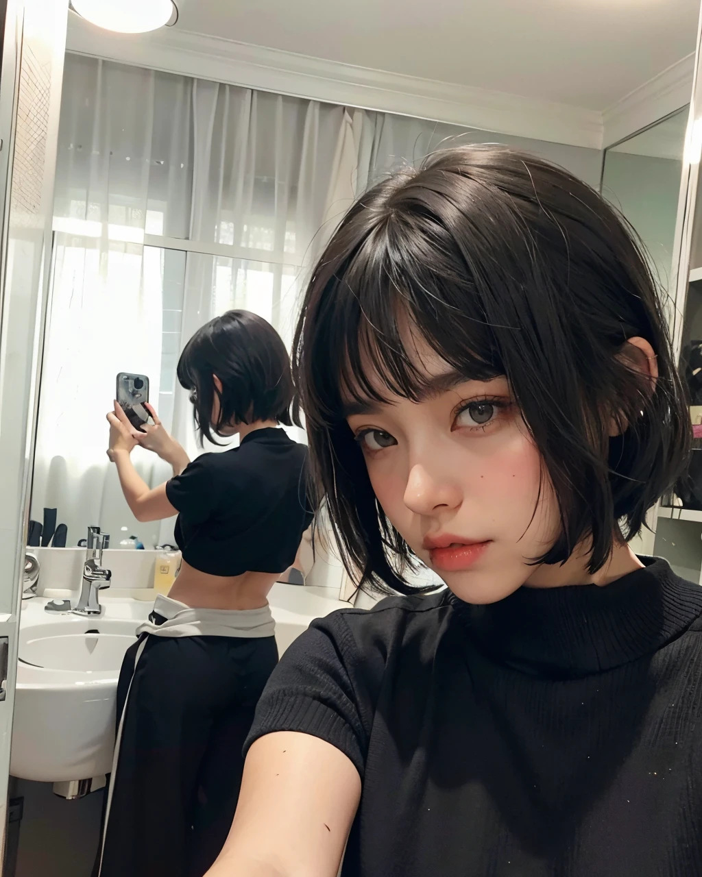 there is a woman taking a picture of herself in the mirror, con pelo corto con flequillo, Ella tiene el pelo negro con flequillo, Pelo negro corto con flequillo, cabello blackbangs cabello, con el pelo corto, french bob hair, Cabello negro bob, Cabello negro cortado bob, con flequillo, flequillo negro, pelo corto negro, con flequillo completo, cabello negro y flequillo blanco