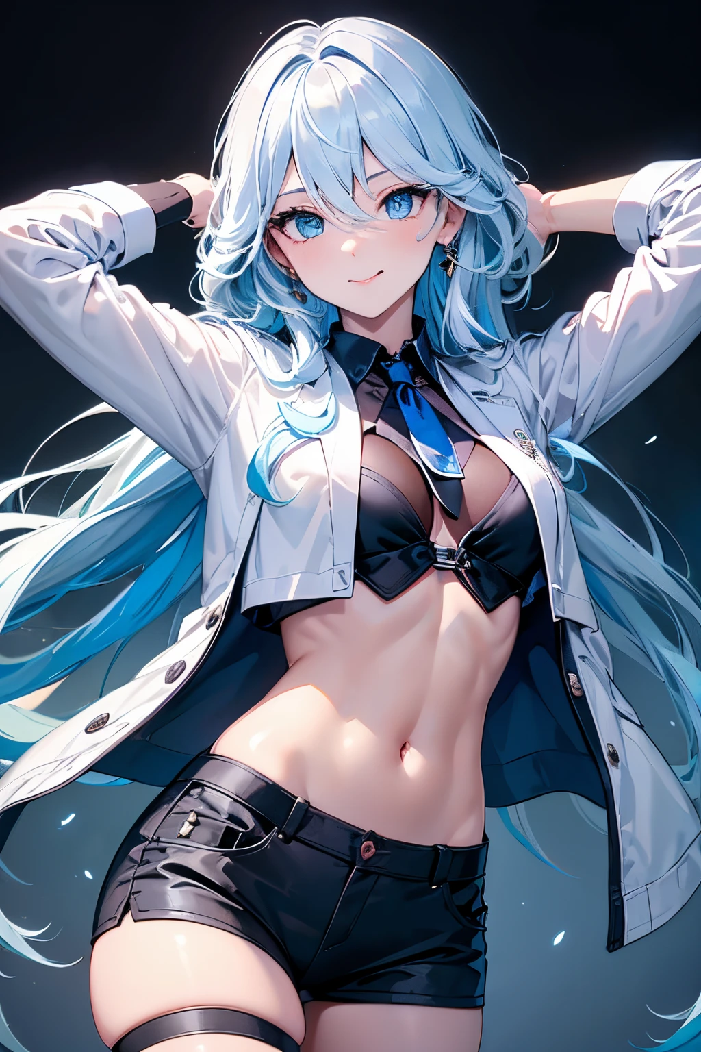 (*****, top-quality, 8K, masterpiece, Top image quality, Hi-Res, super detailing, Ultra HD, (Delicate and smooth skin, real looking skin, Perfect and beautiful face ,Perfect and cute face, high detail skin, Perfect limbs)), girl , arm behind head , bandaid on arm , bandaid on leg , bandaid on stomach , black jacket , black shorts , blue eyes , blue hair , blue necktie , collared shirt , cowboy shot , cropped shirt , dutch angle , hair between eyes , heterochromia , linea alba , long hair , looking at viewer , midriff , multicolored hair , navel , open jacket , polo shirt , short necktie , small breasts , solo , streaked hair , thigh strap , sticking tongue out , two-tone hair , very long hair , white hair , white shirt, earrings, furina (genshin impact)