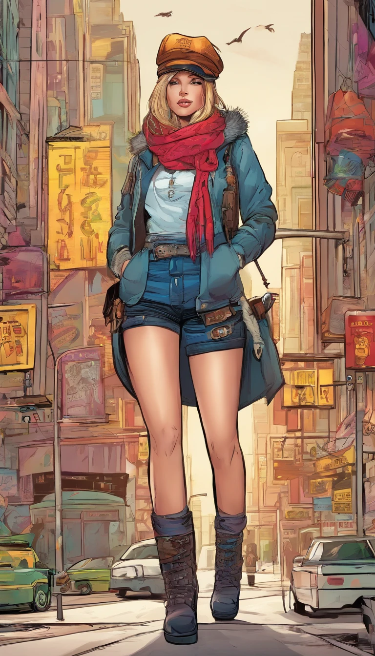 Image of a almost naked busty girl wearing a hat and scarf, With a shotgun in her hand,trends in art station,Wear punk clothes,Ultra-realistic photographic art,Urban style,intimidating pose,Planet of polar bears,fashionable attire,urbansamurai,Polar bears,Wear a work cap,Navigate the city