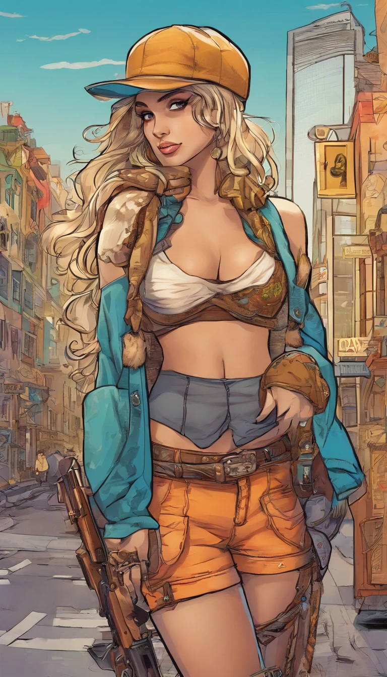 Image of a almost naked busty girl wearing a hat and scarf, With a shotgun in her hand,trends in art station,Wear punk clothes,Ultra-realistic photographic art,Urban style,intimidating pose,Planet of polar bears,fashionable attire,urbansamurai,Polar bears,Wear a work cap,Navigate the city