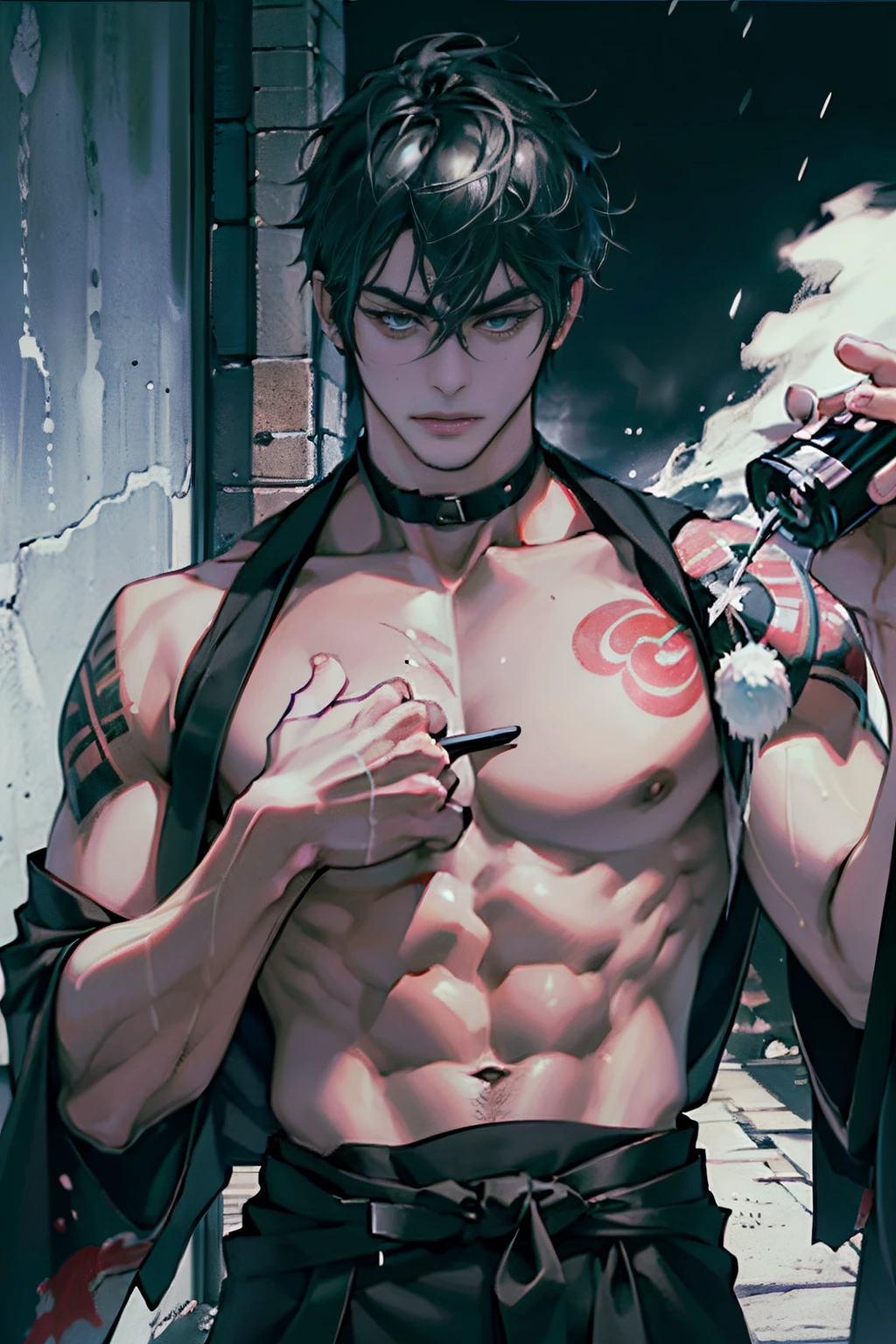 A handsome and strong Japanese yakuza man lies in a dark alley late at night, gaze at the camera,usar kimonos,Cabello rubio corto,Sostiene una katana en su mano derecha,His body is covered in traditional Japanese tattoos,There was dirt and some blood on the body,Aguaceros,Niebla densa, gotas de agua en la piel, empapado por todas partes, Estaba oscuro, It was raining a lot., ((((Alto detalle)))), (Plano completo), (Fotorrealista,fotorrealista,fotorrealista:2), (cuerpos perfectos), (Cara perfecta), (ojo perfecto), peligroso, malo culo, epopeya, ((((con cara detallada,Estructura corporal correcta,Proporciones corporales correctas))))