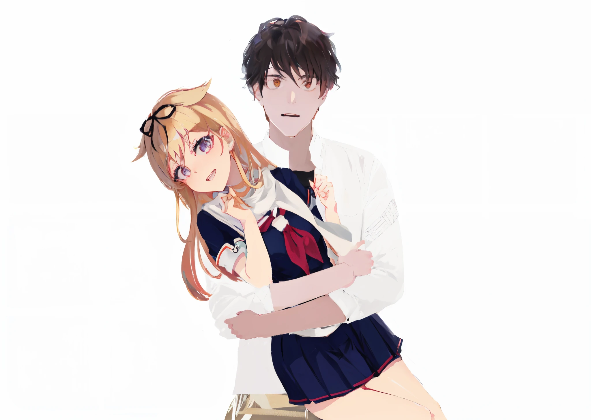 anime couple hugging each other in front of a black background, yandere. tall, gapmoe yandere, yandere, made with anime painter studio, anime moe artstyle, couple pose, high quality anime artstyle, shirabii, anime artstyle, in anime style, yukio - e, by Shingei, cel shaded anime