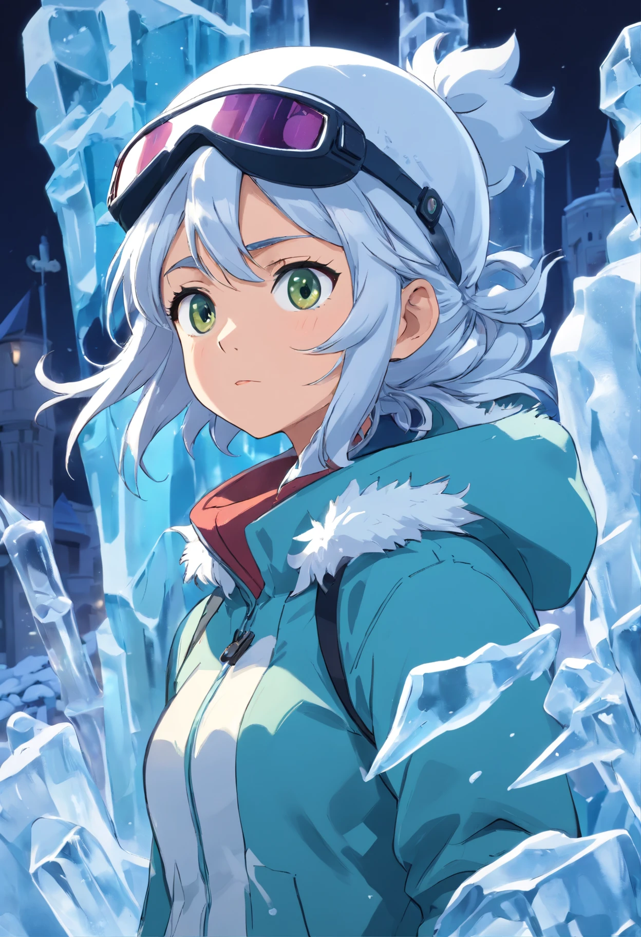 A female character amidst the chaos of a DDOS attack, her eyes concealed behind a snow-covered visor. She stands resolute in a dystopian world where pandemonium unfolds before her. This artwork combines the unique styles of cartoons and realism, portraying a character with a snow-covered visor that obscures her eyes, emphasizing the obscured vision and the world in turmoil.  ((Ice sculpture))