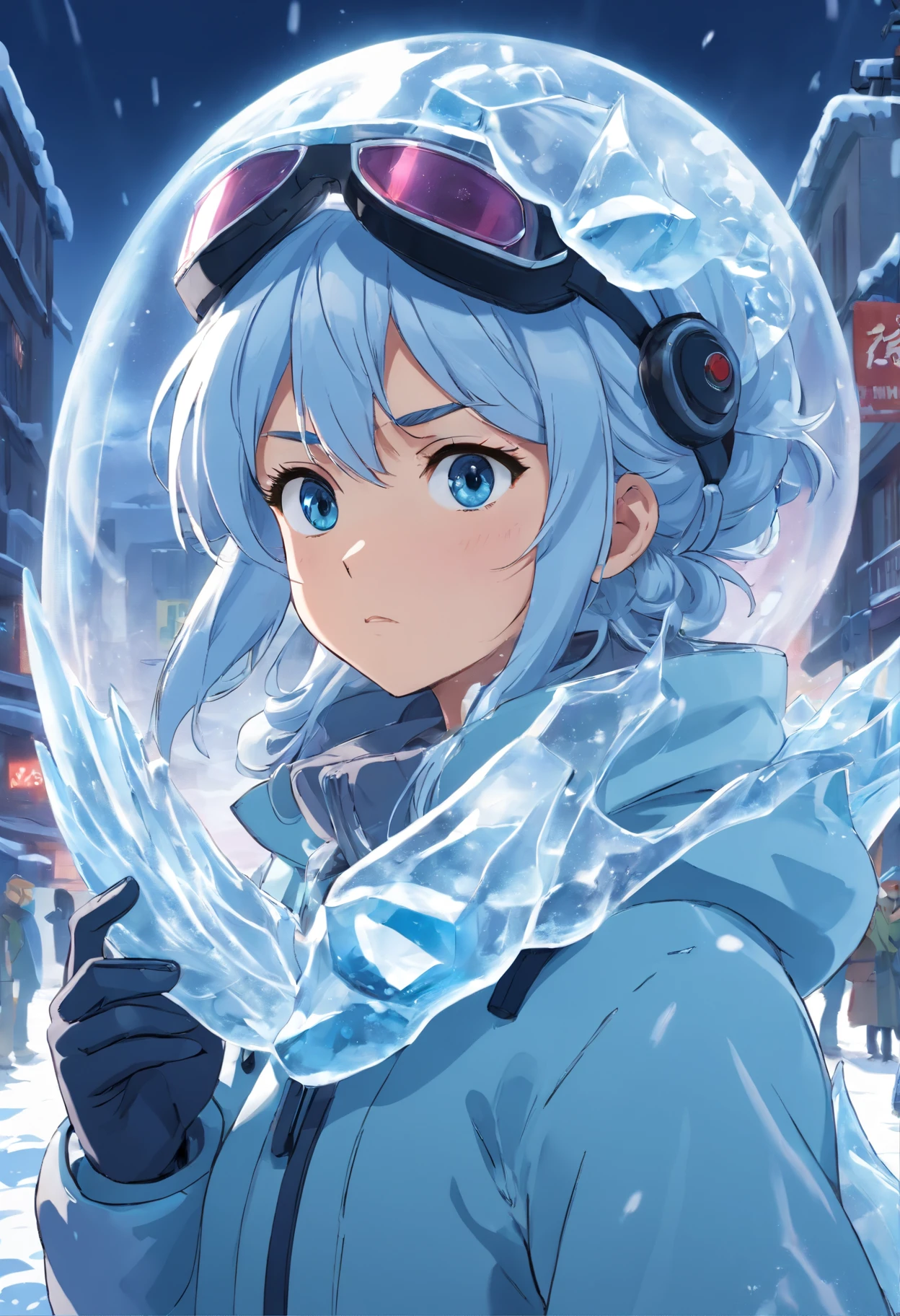 A female character amidst the chaos of a DDOS attack, her eyes concealed behind a snow-covered visor. She stands resolute in a dystopian world where pandemonium unfolds before her. This artwork combines the unique styles of cartoons and realism, portraying a character with a snow-covered visor that obscures her eyes, emphasizing the obscured vision and the world in turmoil.  ((Ice sculpture))