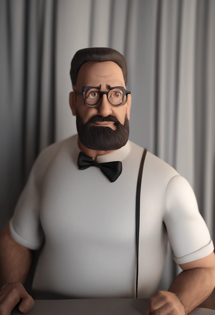 Personagem de desenho animado de um homem muito magro, phtograph, de 40 anos, goatee style medium beard, com um pouco de rugas no rosto, cabelo cacheado, Wearing black glasses and a black shirt, camera hanging around the neck, scratching his head, funny expression of doubt, um personagem animado, Caractere estilizado, animation style rendering, 3D estilizado, Arnold Maya render, 3 d render stylized, toon render keyshot, Personagem 3D, Personagem 3D, 3d rendering stylized, 3 d character render, personagem de desenho animado, Personagem de close up, Pose de personagem, (Estilo Pixar) (master part:1.2) (Bokeh) (best quality) (pele detalhada) (textura detalhada) (8k) (argila) (Cinematic lighting)