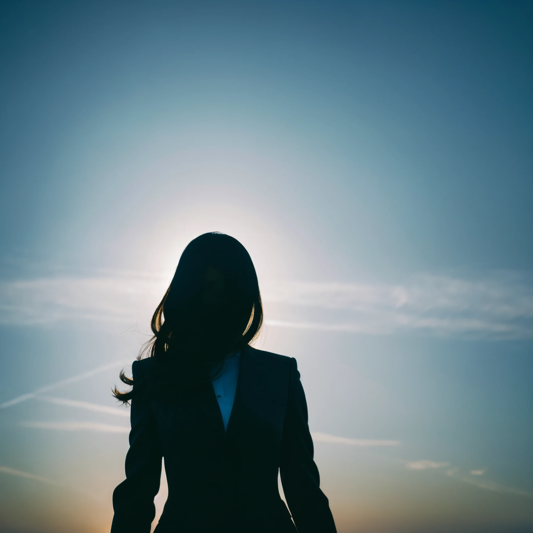 Silhouette of a woman in a suit through a veil