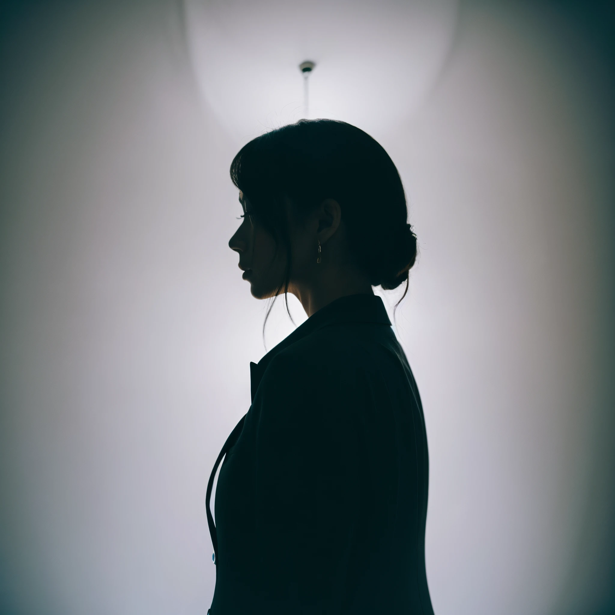 Silhouette of a woman in a suit through a veil