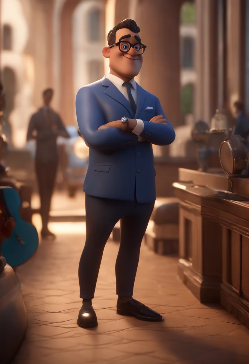 Cartoon character of a man wearing black glasses and a blue shirt, um personagem animado, Caractere estilizado, animation style rendering, 3D estilizado, Arnold Maya render, 3 d render stylized, toon render keyshot, Personagem 3D, Personagem 3D, 3d rendering stylized, 3 d character render, personagem de desenho animado, Personagem de close up, Pose de personagem, (Estilo Pixar) (master part:1.2) (Bokeh) (best quality) (pele detalhada) (textura detalhada) (8k) (argila) (Cinematic lighting) (foco nítido,Senta e vaza a parte superior do corpo