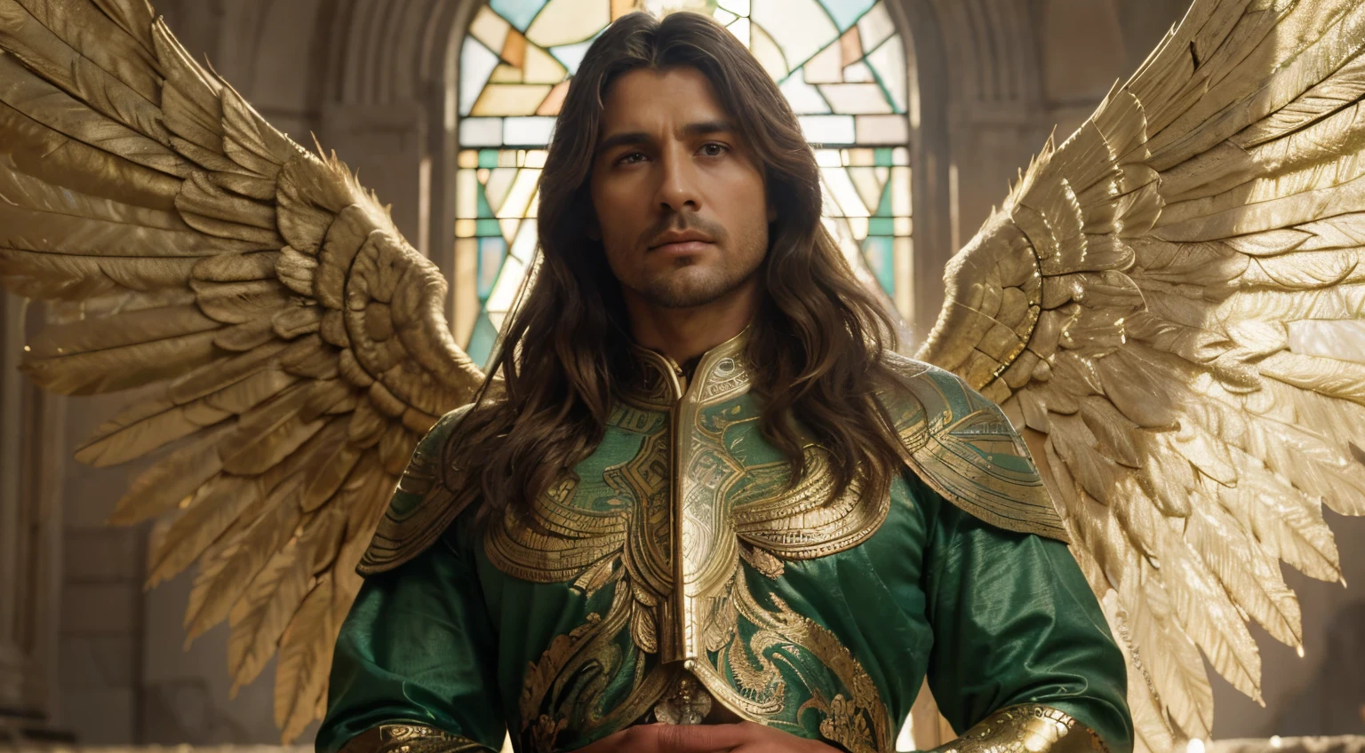 um anjo lindo, macho, 35 anos, cabelos claros, roupas verdes, Asas Brancas, alguns detalhes das roupas em dourado, Arte de Gaston Bussiere e Alphonse Mucha , corpo inteiro, 8k, Realistic, cinemactic, 8k, Realistic