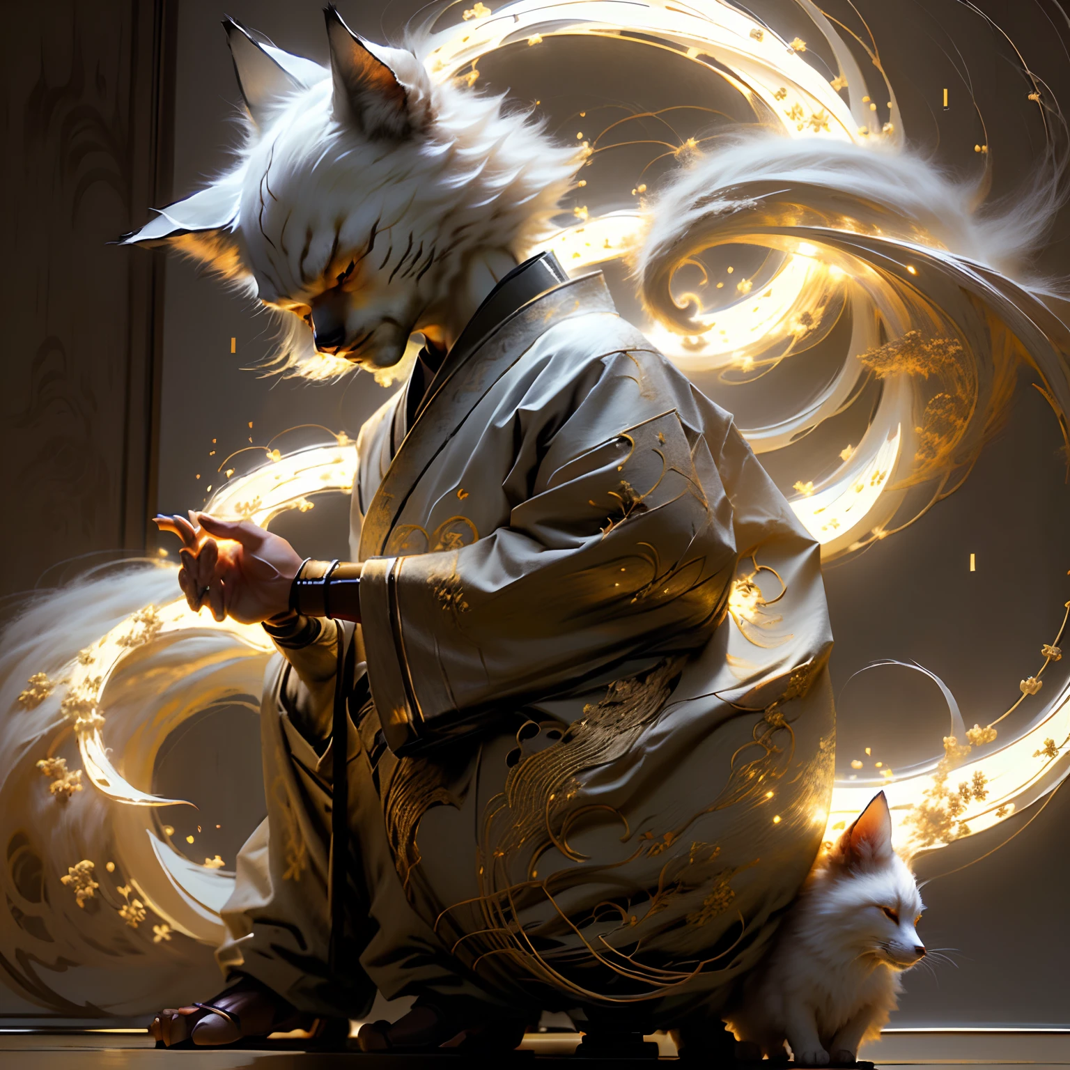 Cute cat、White nine-tailed fox、animal look、Don't be human