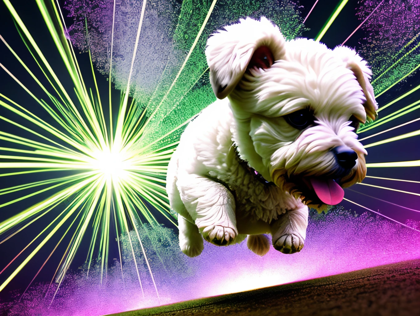Extreme low angle shot of tiny white toy poodle jumping high in the sky, surrounded by exploding colour bombs of green and white, light in the scene giving a green and white colour, cinematic lighting, artgerm style, 32k, ultra HD, unreal engine rendered, photorealistic image, —ar 9:16 --auto --s2