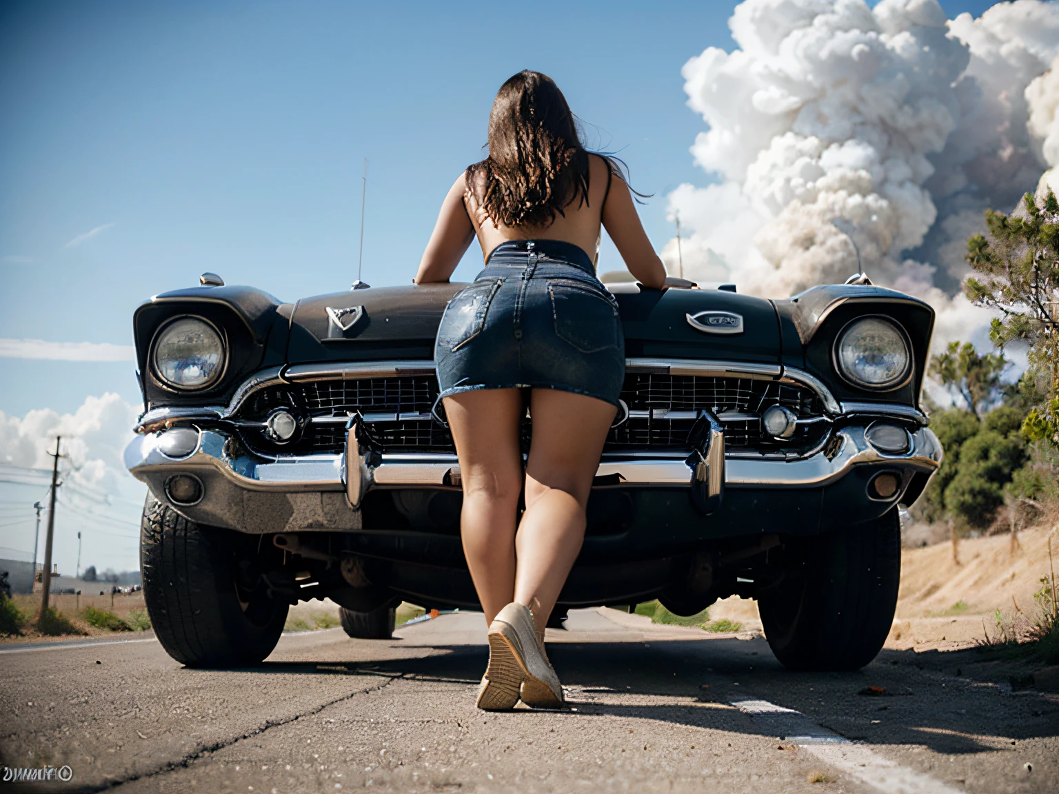 Retrato de um carro "1959 Chevrolet Bel Air" COR preto METALICO reflexivo, derrapando na pista, With a woman wearing sunglasses driving, GOLDEN WIDE STAR WHEEL is on fire, The front wheels are small and the rear wheels are very large, dianteira rebaixada na frente, dentro de uma garagem com paredes brancas, diagonal camera, Accelerating and blurring with the rear tire coming out smoke.
