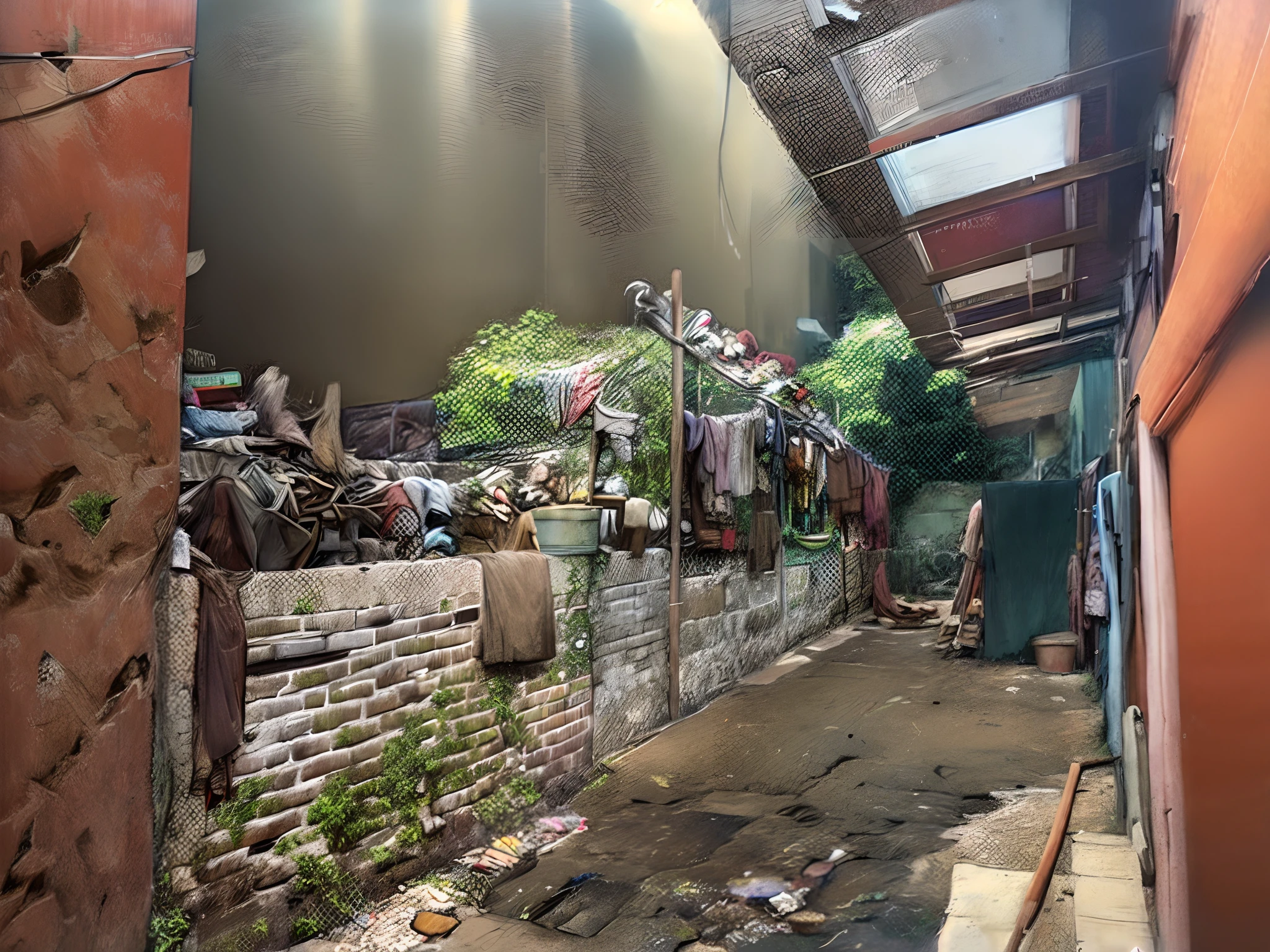 there is a brick wall with a bunch of clothes hanging on it, back alley, background is a slum, in a narrow chinese alley, in an alley, in the early morning, laundry hanging, evening time, alley, green alleys, shot on nikon z9, alleys, outdoors tropical cityscape, green alley, an abandonded courtyard