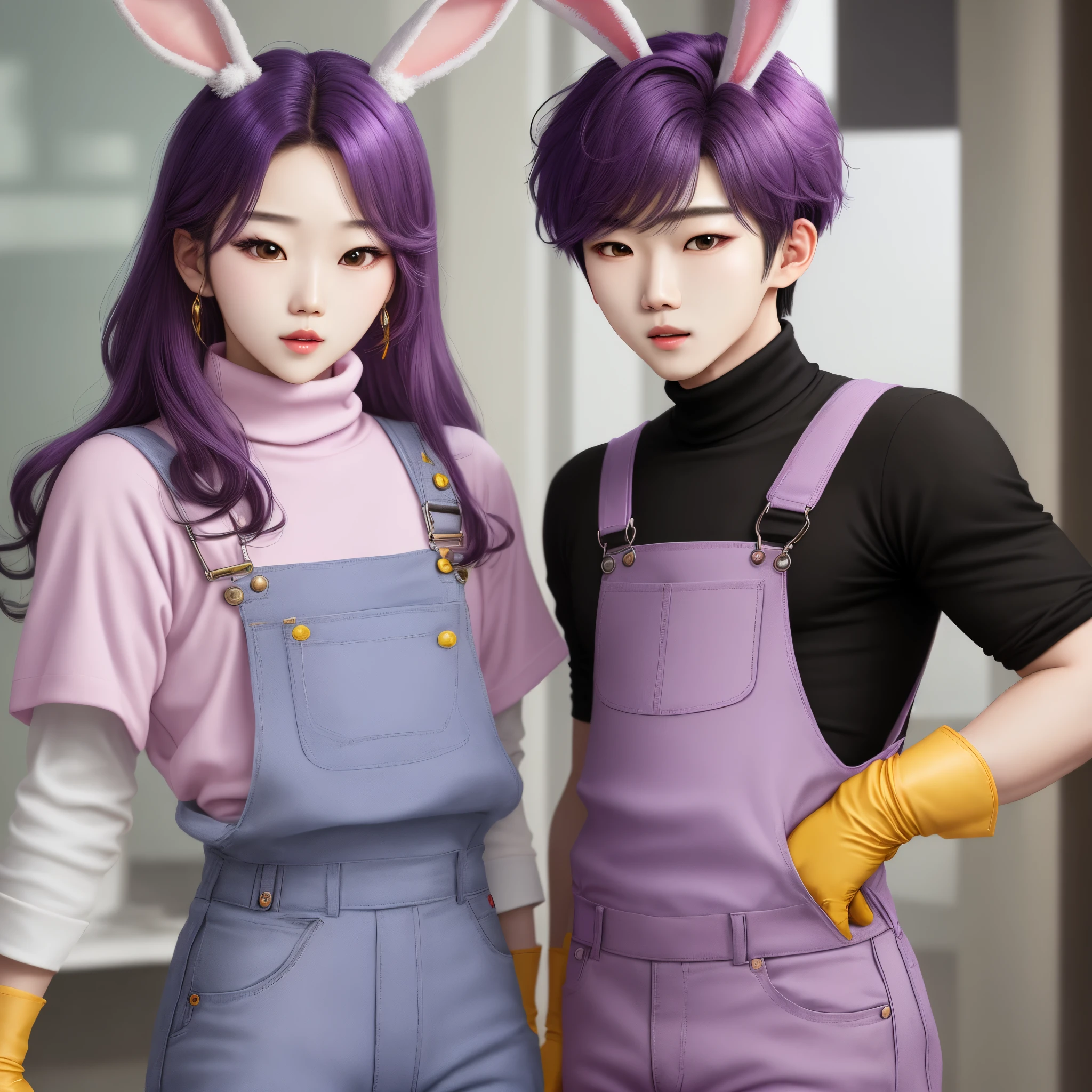 Kpop boy in soft purple turtleneck outfit, pink fuchsia overalls , yellow gloves, purple rabbit ears,realistic